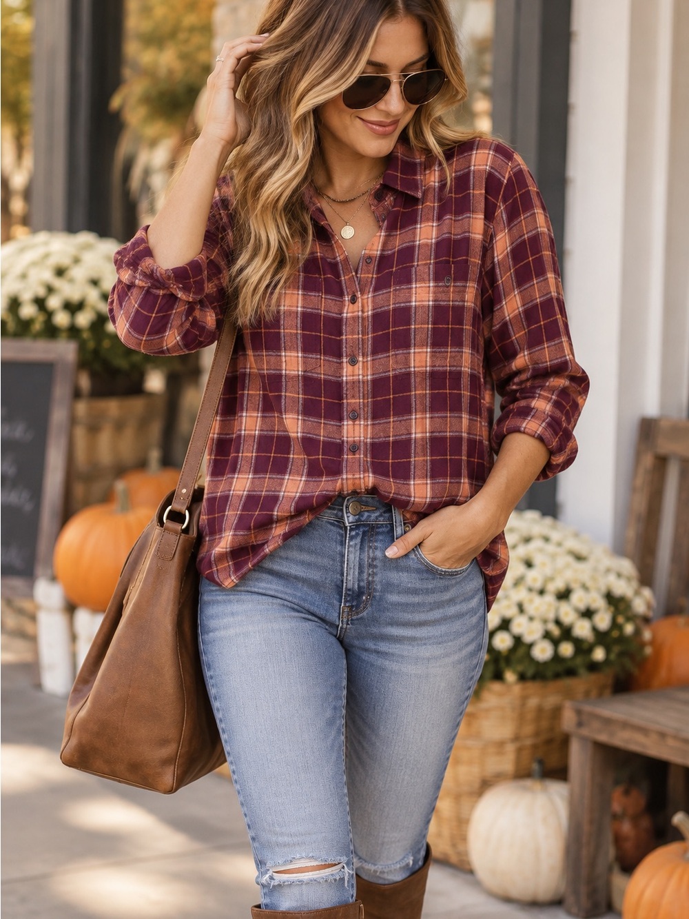 St. John's Bay Burgundy and Mustard Plaid flannel Button-Down Shirt